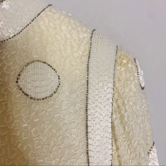 Vintage Bob Mackie Silk Beaded Geometric Long Sleeve Winter White Mini Dress 12 - Picture 12 of 14